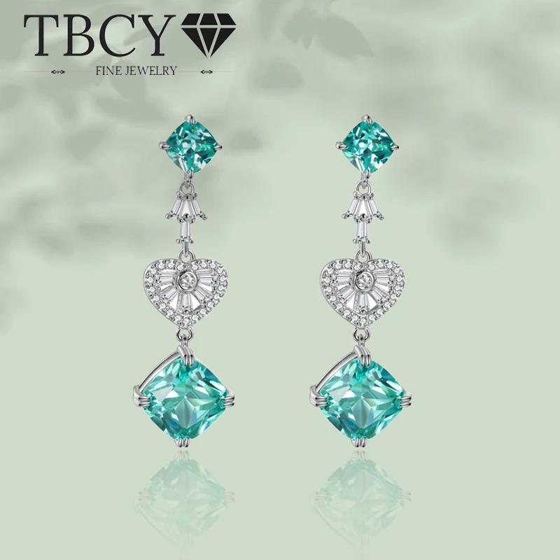 

TBCYD 6CT Cushion Paraiba Stud Earrings For Women 925 Silver 5A Heart CZ 18K Plated Blue Green Color Lab Gemstone Luxury Earring