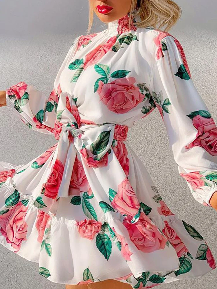 

Women High Neck Long Sleeves Rose Print Ruffles Hem Dress Elegant Fashion Chic Dress