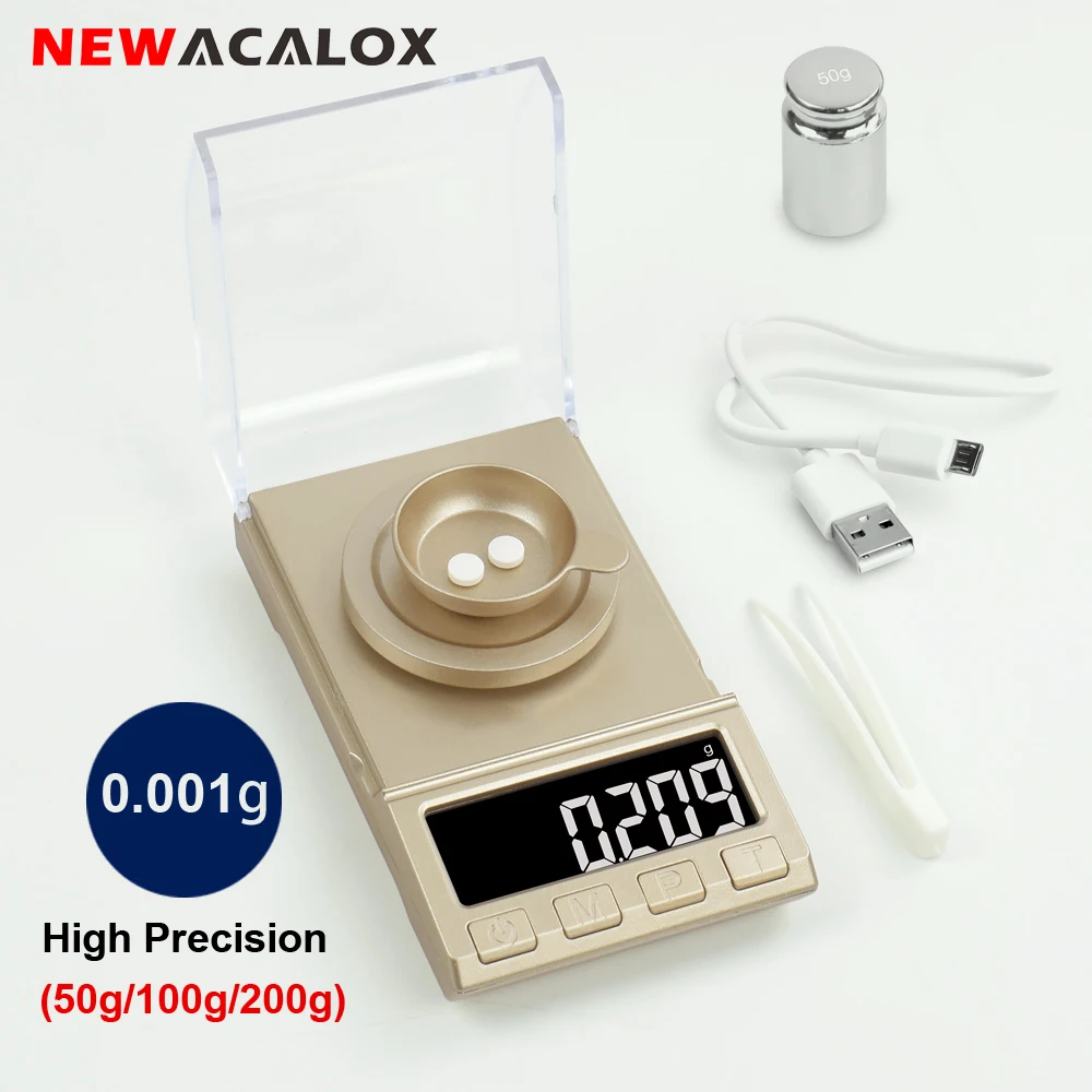 NEWACALOX 0.001g Precision Digital Scales 50g/100g/200g Balance Weight Electronic Jewelry Scale USB Powered Medicinal Weighing