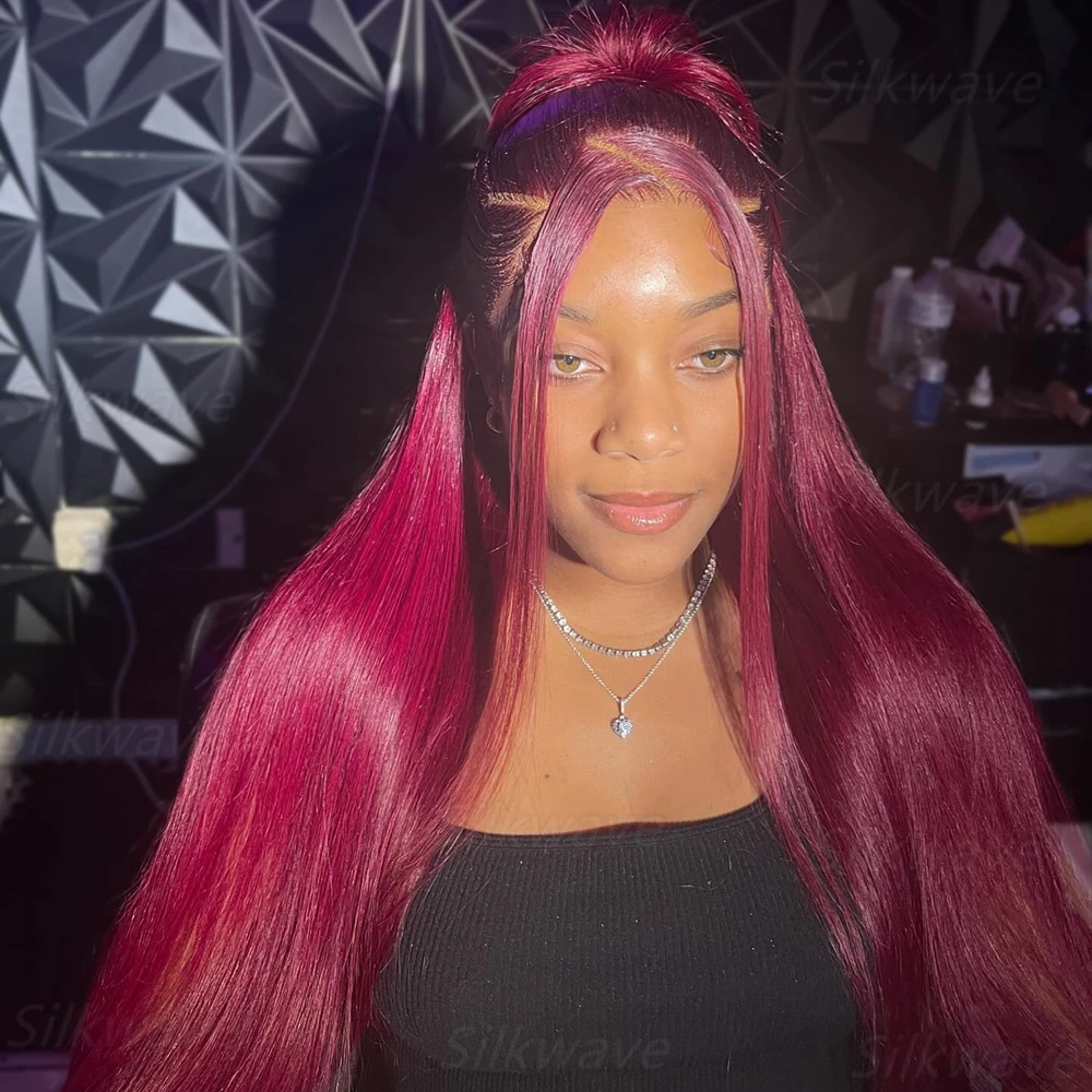 Rambut Palsu Warna Merah 99J Burgundy Lace Frontal Wig Rambut Asli Lurus Lace Front Wig 13x6 HD Transparan Lace Wig Pre Plucked Untuk Wanita