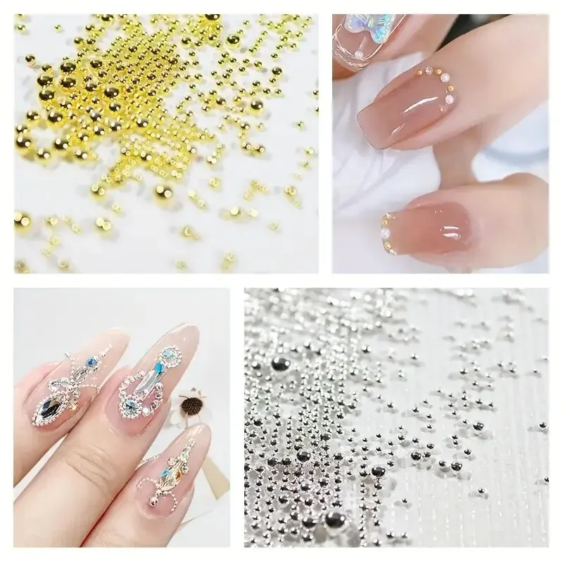 6 rejillas de cuentas de oro y plata, gemas redondas, decoraciones DIY, Mini bola, dijes para uñas, suministros de joyería para accesorios de decoración de uñas