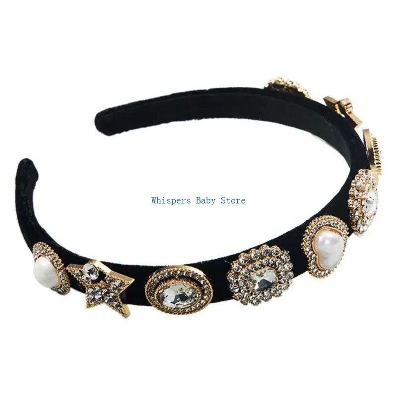 

U90E Vintage Women Headband Geometric Pearl Multilayers for Rhinestone Hair Ho