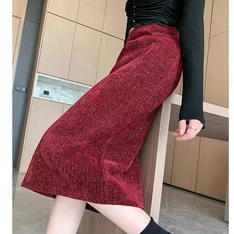 Red Shiny Silk Skirt Women Skirts 2024 New High Waist Slim A-Line Skirts Autumn Female Rear fork Temperament One Pace Skirt