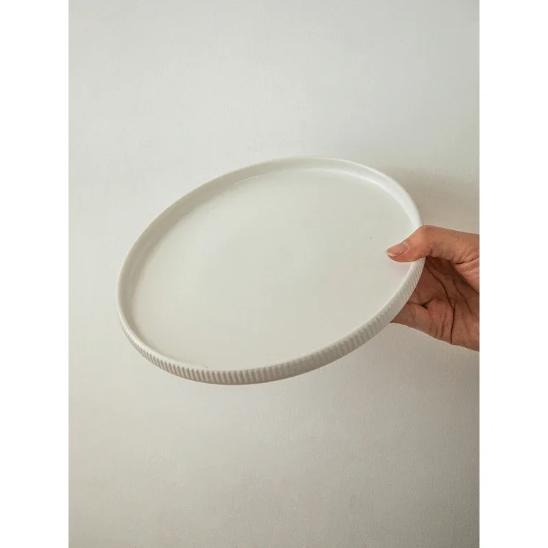 Korean Style Flat Solid Color Porcelain Plate Household Simple Round Tableware Afternoon Tea Dessert Cake Toast Fruit Plates