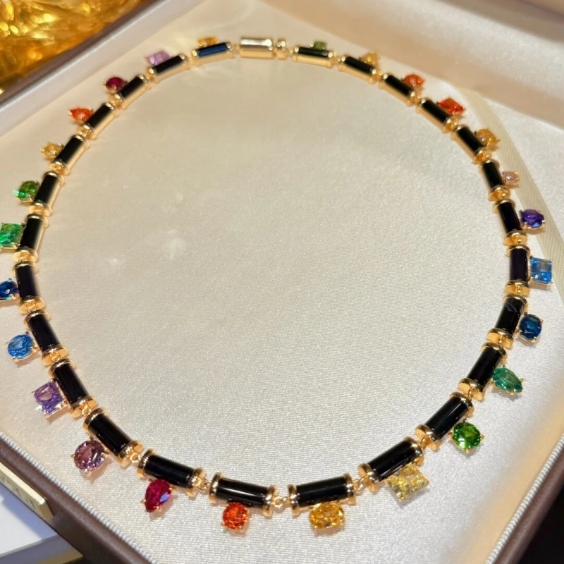 Bellux Colored Gemstone 925 Silver Synthetic Zircon Full Diamond Black Agate Bamboo Knot Trend Luxury Brands Necklace