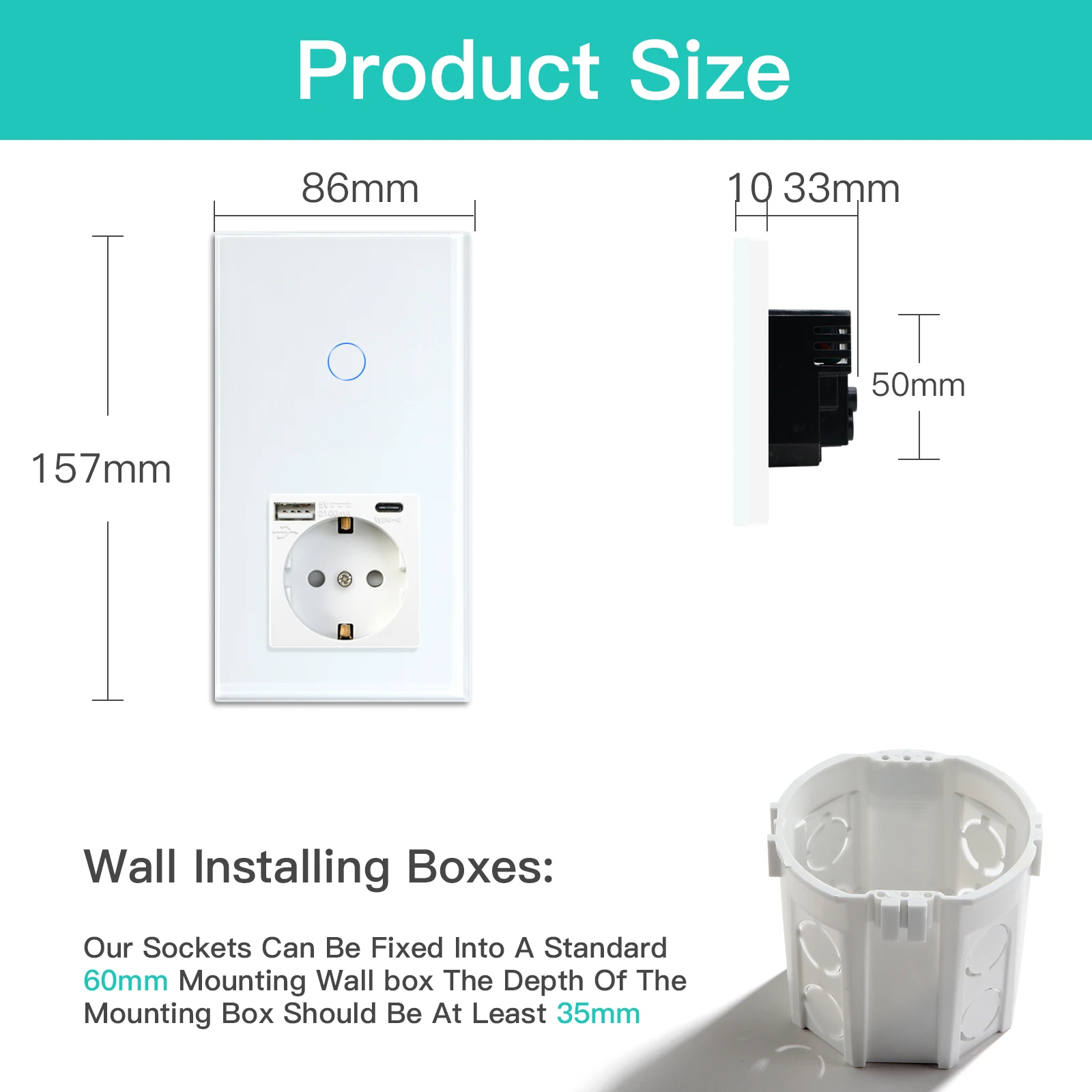 BSEED Touch Switch 1/2/3 Gang 1 Way EU Standard Wall Socket With USB Type-C Electric Plug Crystal Glass Panel 157mm 228mm