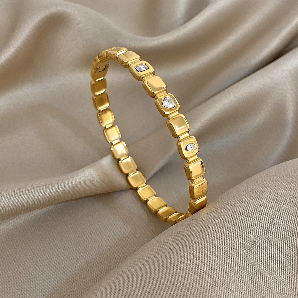 

Simple Small Square Block Stainless Steel Bracelet Women Elegant Zircon Gold Color Open Bangle Bracelet Luxury Jewelry Gift