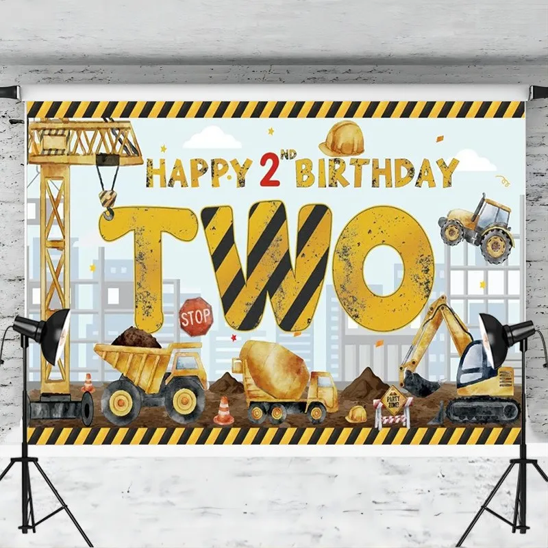 2nd Birthday Decoration for Boys Construction Theme Banner Backdrop Dump Truck Photography Photo Props Zone Party Supplies Decor