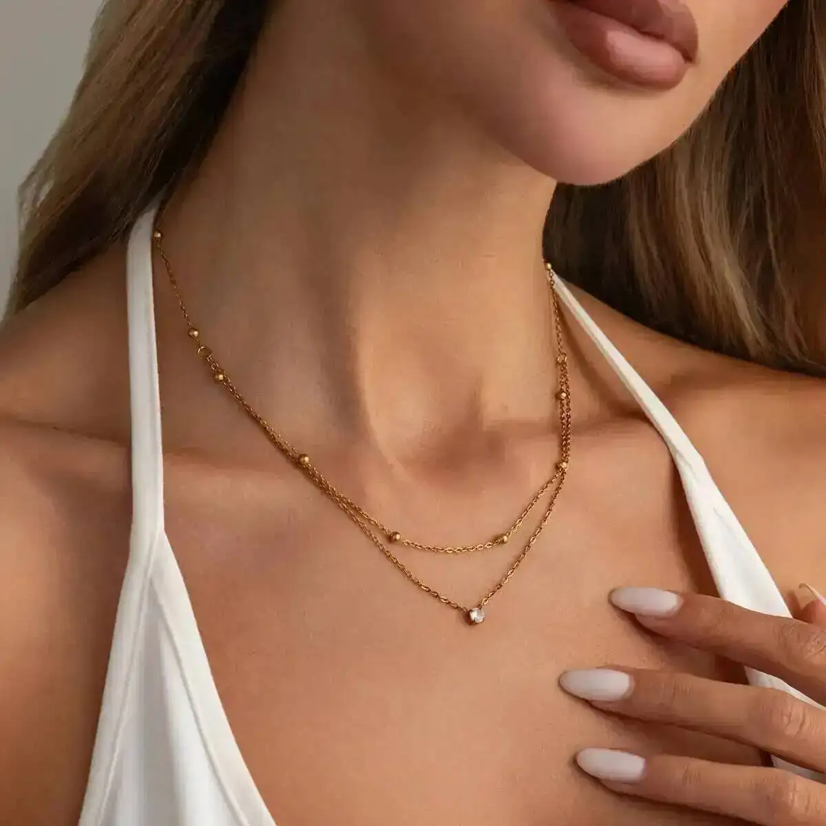 

Lacteo Stainless Steel Zircon Pendant DoubleLayer Necklace Women Exquisite Luxury 18k Gold Plated Choker Waterproof Jewelry Gift