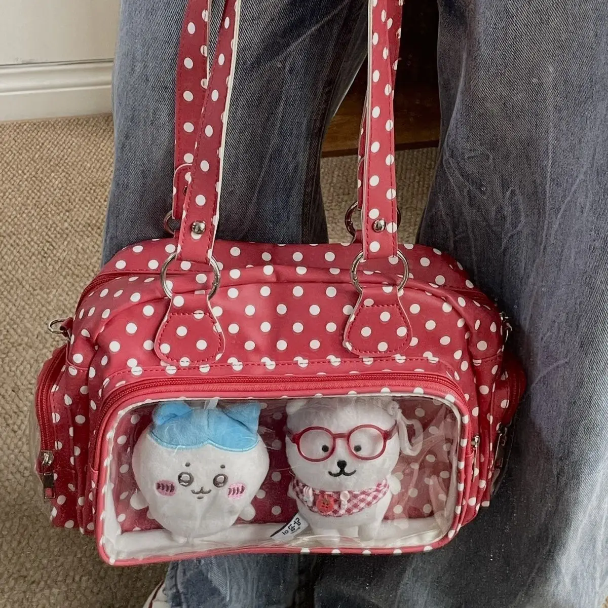 Japanese Harajuku Boston Handbag Women Large Capacity Transparent DIY Display Ita Bag Ladies Kawaii Polka Dot Crossbody Bag Chic