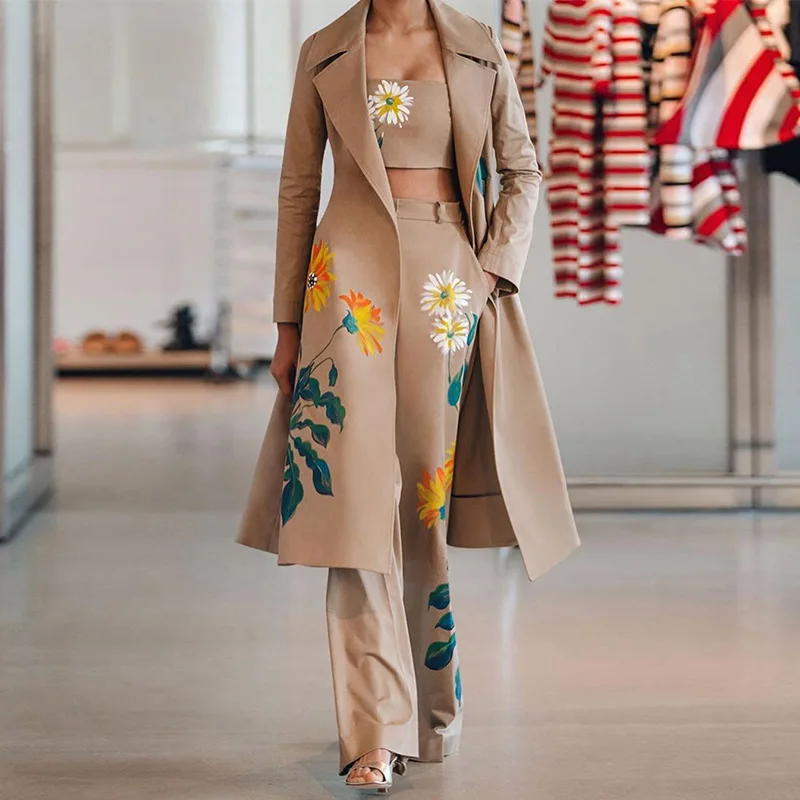 2023 Womens Vintage Printed Set Trench Coat with Crop Tank and Long Pants Flower Print 3 Piece Sets Fashion Women Sets Clothes