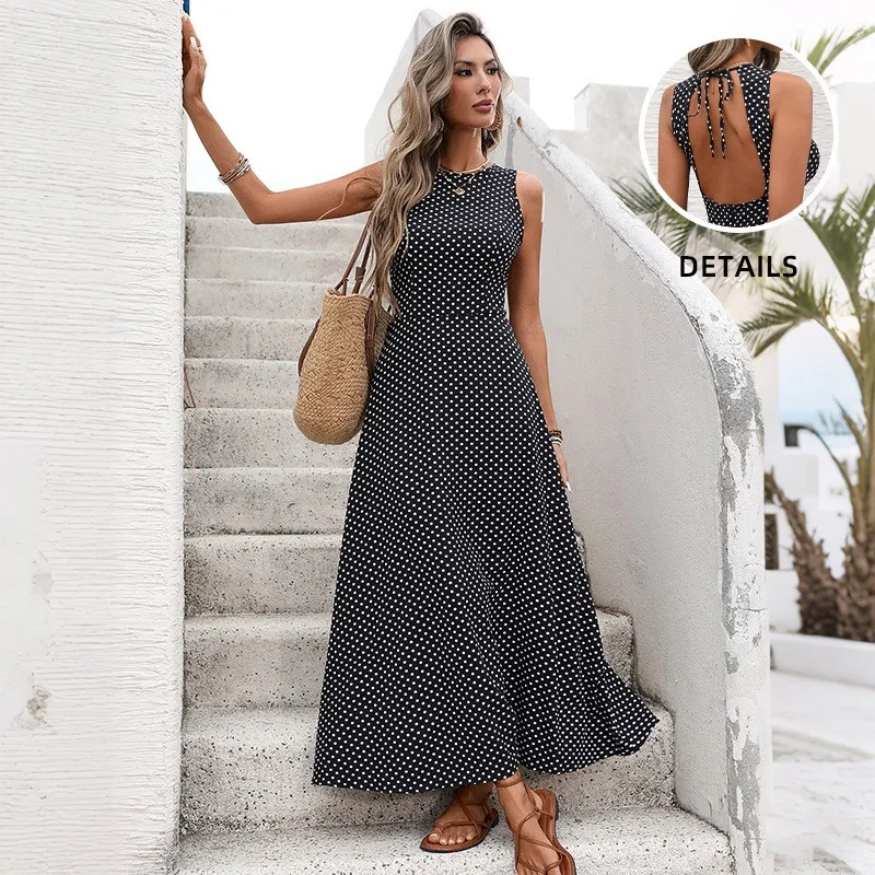 Sommerkleid für Damen, Spaghetti-Trägerkleid, langes Maxikleid mit Punktemuster, A-Linie, schwarz-weißes Abendkleid, rückenfrei