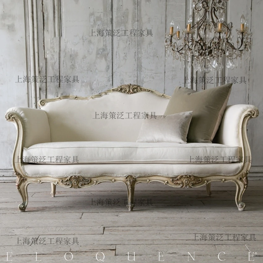 

American country solid wood carving flower single double three sofa French retro old living room furniture combination ph
