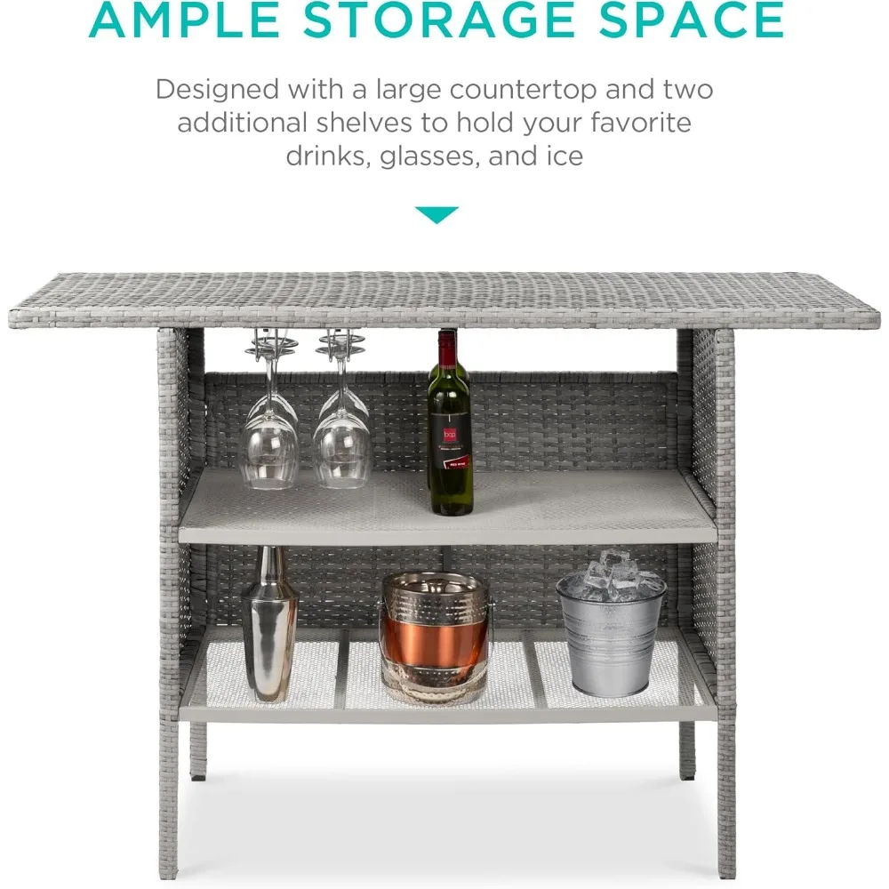 أفضل منتجات الاختيار في الفناء الخارجي، طاولة بار من الخيزران، أثاث الفناء الخلفي مع رفين فولاذيين ومجموعتين من القضبان - رمادي #5