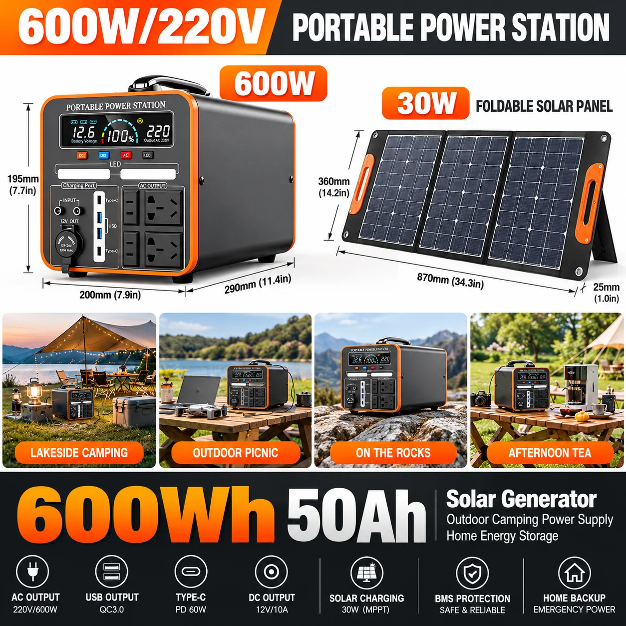 600W portable power supply new 600Wh/480Wh energy storage battery, LiFePO4 220V backup power supply for RV off grid appliances