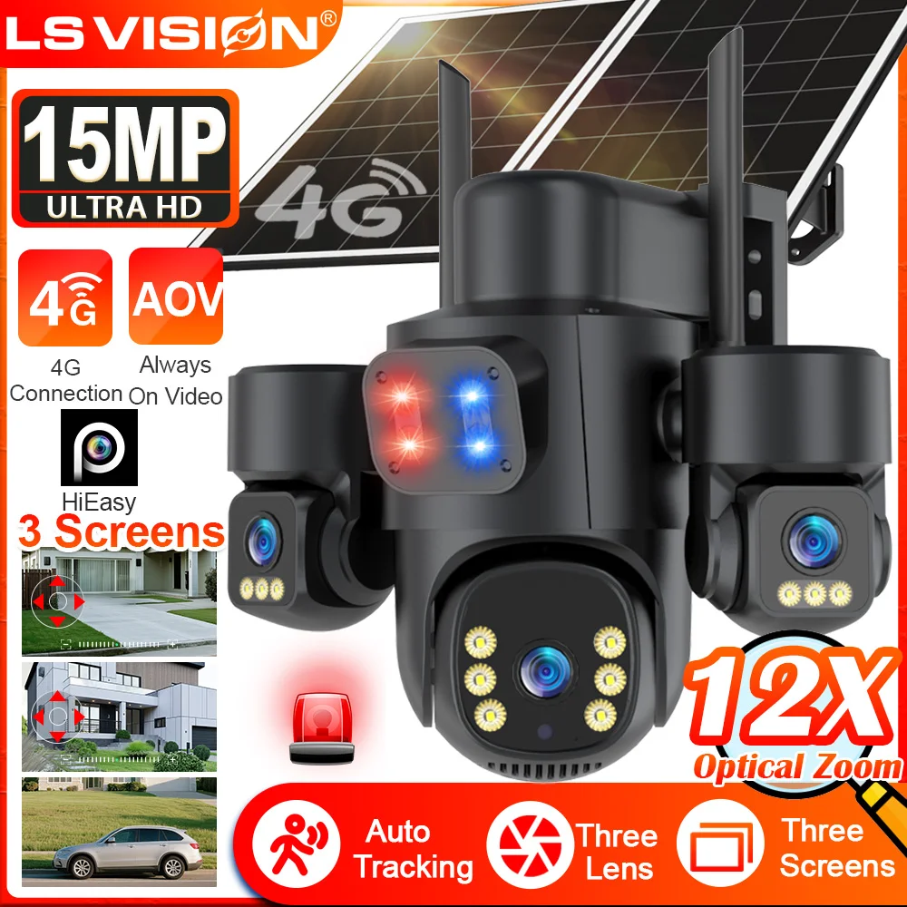 

LS VISION 15MP AOV 4G Solar Camera 12X Optical Zoom Outdoor Surveillance Camera Three Screen 24/7 Recording Auto Tracking HiEasy