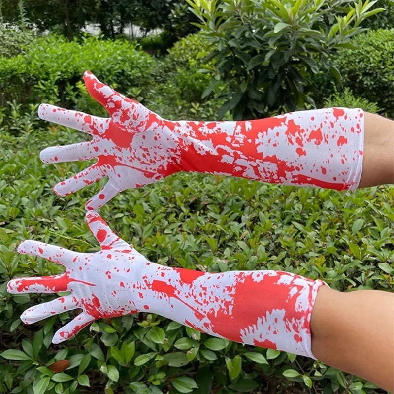 Halloween White Bloody Long Bloodstained Gloves  Scary Blood Splattered Gloves Scary Cosplay Costume Masquerade Accessories