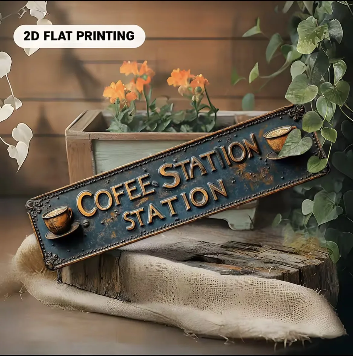 Panneau en aluminium imprimé 2D style vintage pour station de café - Bleu rustique avec tasses à café dorées, idéal pour la maison, le café, la véranda