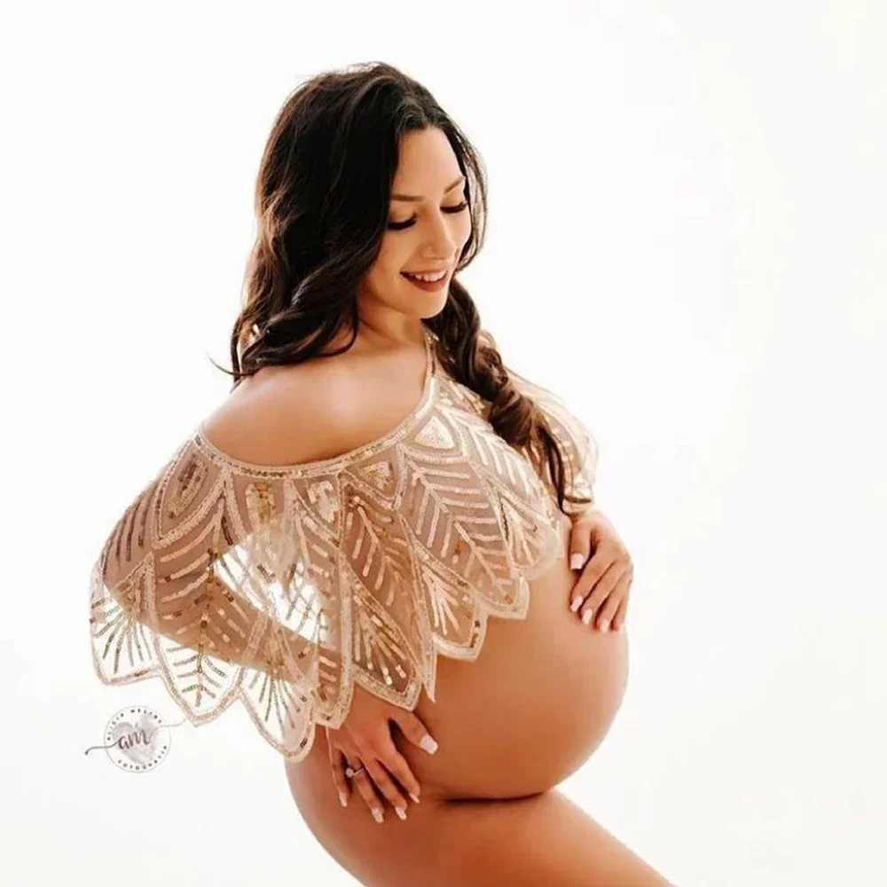 

Sequins Maternity Dresses Photography Props Clothes One Word Collar Lace Pregnancy Woman Outfit For Photo Studio Accessories