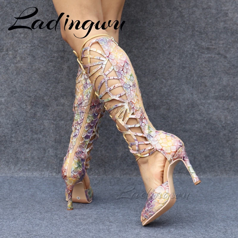 Ladingwu high-end material feito sob encomenda textura de escala de peixe sapatos de dança feminina sexy pólo botas de dança senhoras casamento