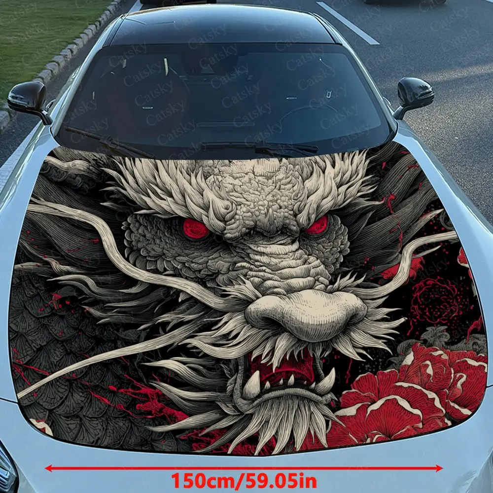 Red Eyed Grey Dragon Car Hood Sticker, Automotive Exterior Customization, Durable PVC Vinyl Wrap For Car Engine Cover