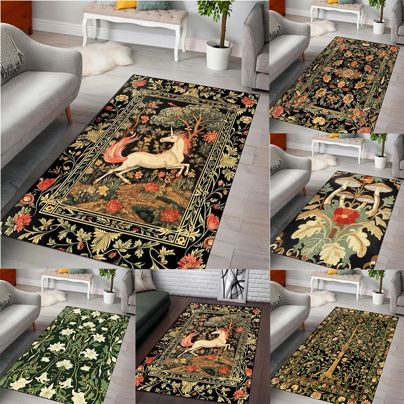 Rechteckiger Teppich im Vintage-Stil, Einhorn-Baum-Blumenmuster, weicher, rutschfester Teppich zur Erhöhung der Wohn- und Schlafzimmerdekoration