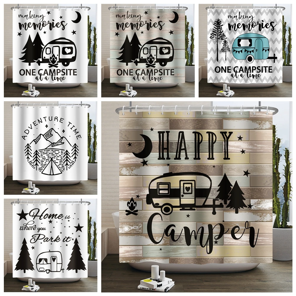 

Camper Shower Curtain Happy Camper Trailer Car Rv Forest Mountain Tent Camping Bathroom Shower Curtain Waterproof Bath Curtain