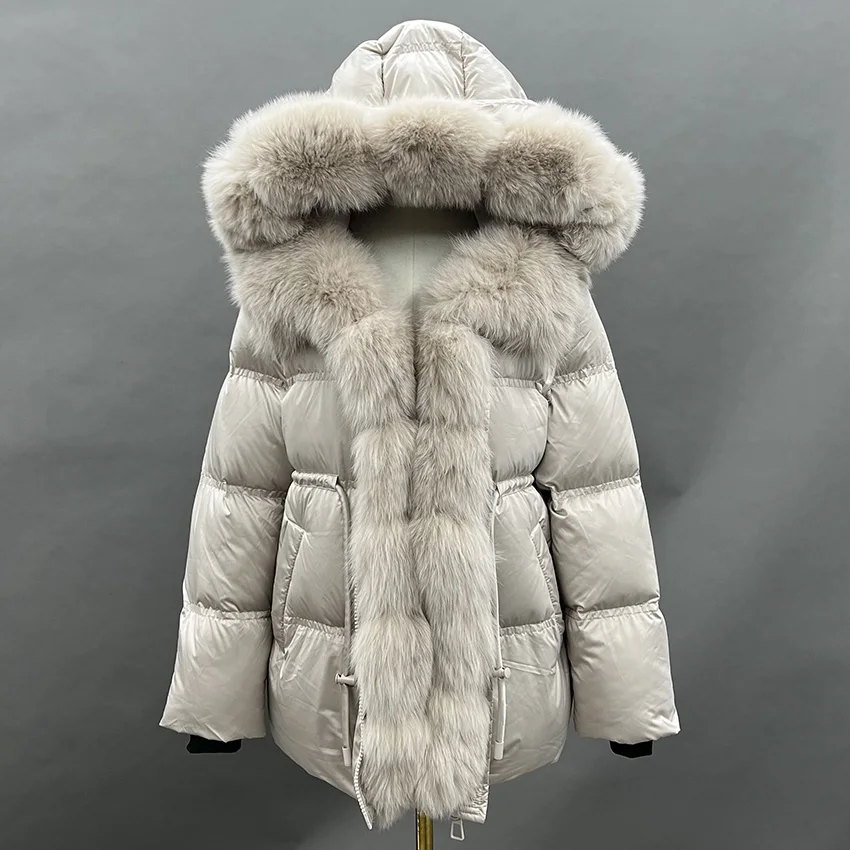 JANEFUR 2025 Winter White Goose Down Jacket Real Fur Hooded Puffer Jacket Women Thicken Warm Mid Long JFB8-25010