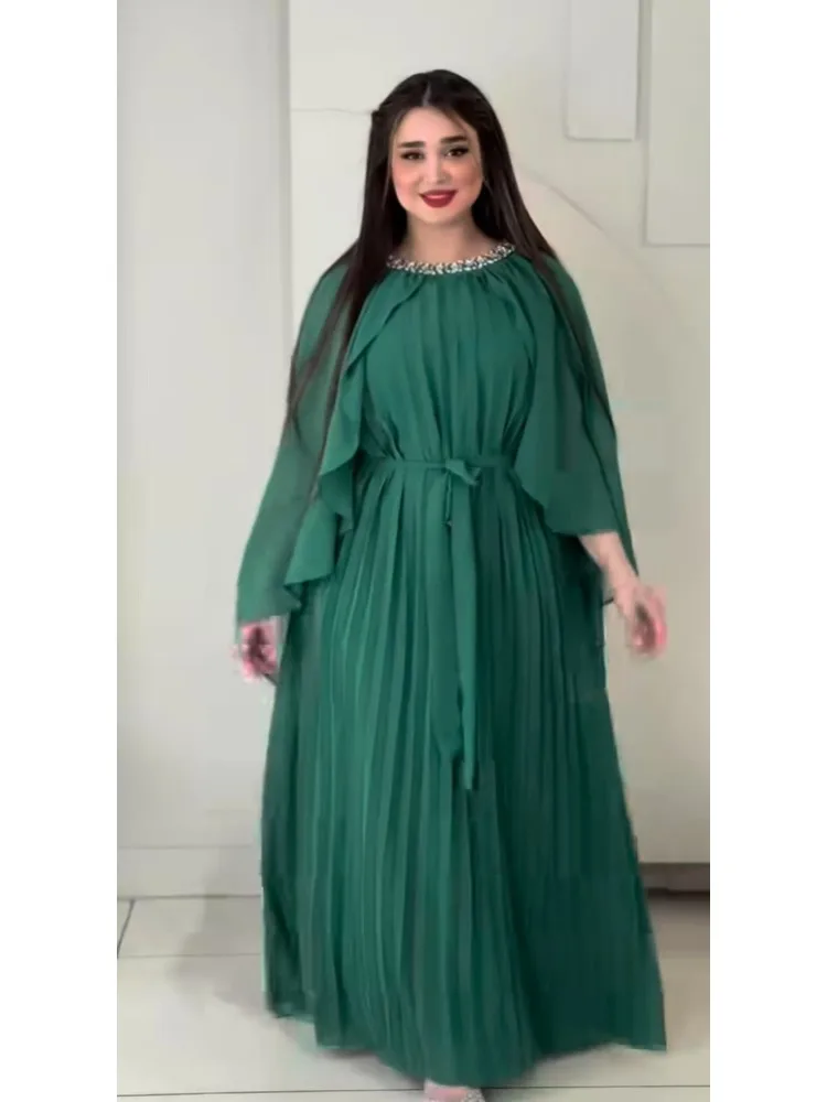 Vestido de mujer de gama alta, primavera 2025, vestido de gasa plisado drapeado con cintura con cordones y cuello redondo con incrustaciones de diamantes de gama alta