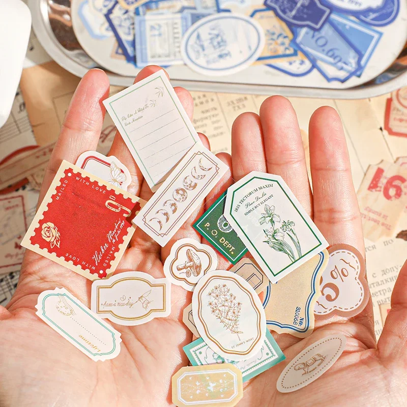 45Pcs Vintage Mini Label Mini Boxed Stickers Set Junk Journal Collage Decorative Number Tag Stickers Album Scrapbooking Material