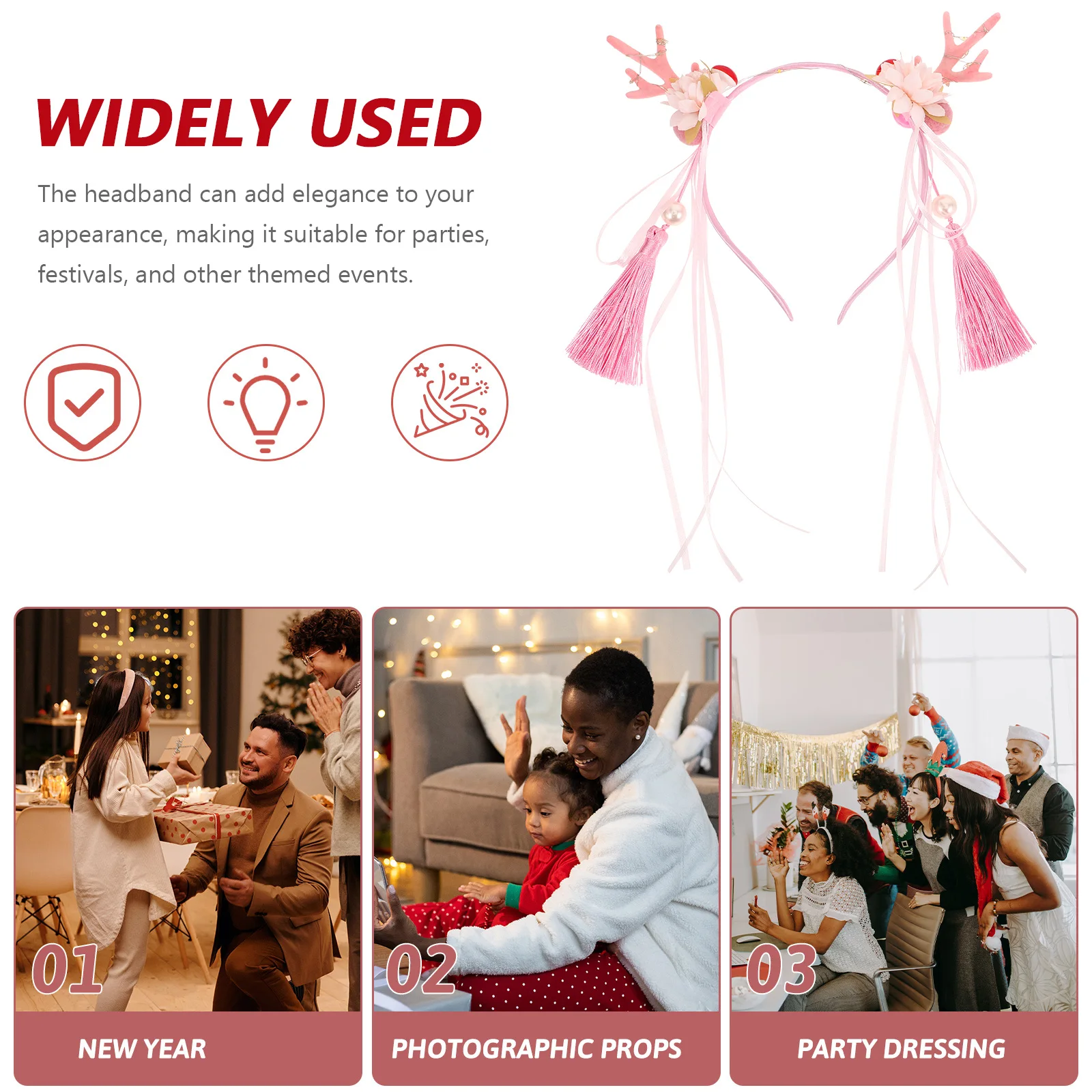 

Christmas Deer Horn Headband Flower Tassel Decorative Hair Accessory For Little Girl Xmas Party Cosplay Costume Lightweight Easy