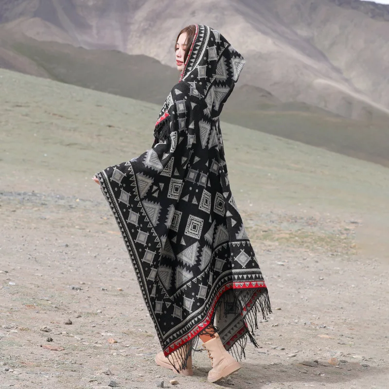 Geometric Jacquard Hooded Cape Faux Cashmere With Tassels Split Hem Large Shawl For Women Winter Warmth Reversible Outerwear