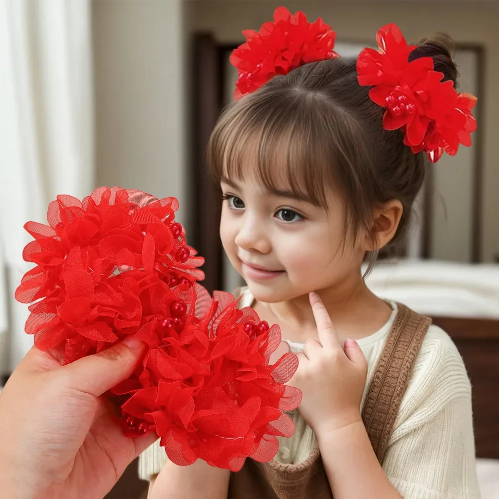 

2Pcs Glirs Cute and Sweet Chiffon Flowers Headband Hair Accessories with Elastic Bands Colorful Beads Hair Bands Holiday Gifts