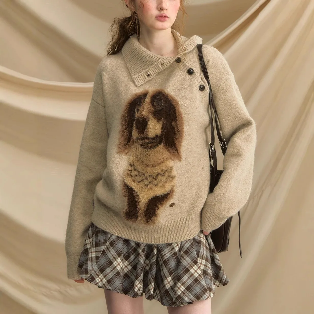 

Knitted sweater pullover sweater for women 2025 autumn puppy retro loose lazy style sweater