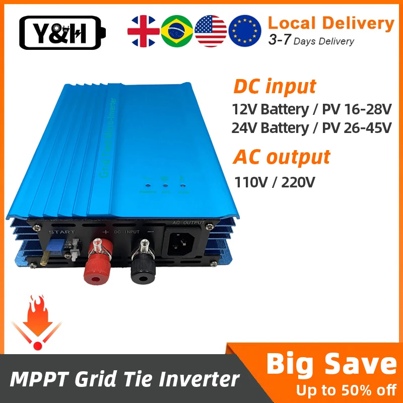 Y&H 600W 500W MPPT Micro Inverter Grid Tie Inverter Pure Sine Wave 12V/24VDC To 110V/220VAC for PV Panels Battery Discharge