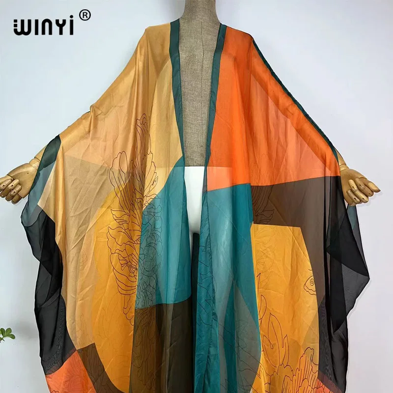 WINYI-capas impressas boêmias do biquíni, vestido elegante, cardigã novo do partido, perspectiva, magro, solto, feriado, luva do batwing, KIMONO