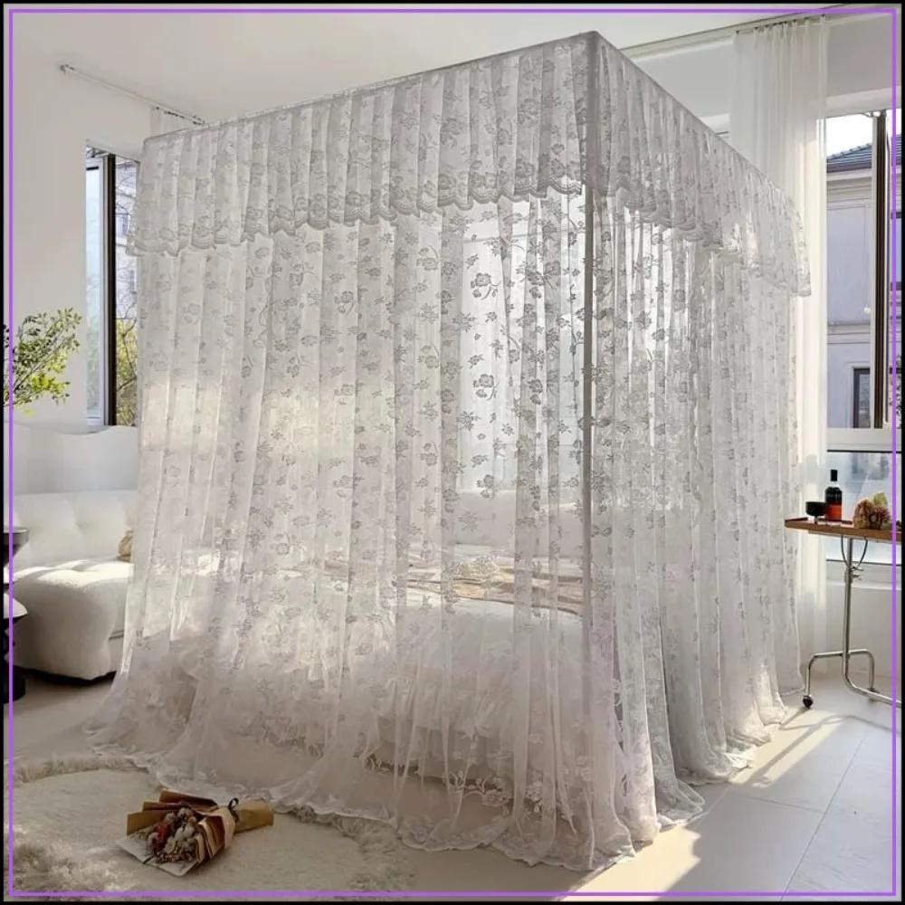 Lace Princess 4 Corner Mosquito Net for Bed Curtain Canopy Adults Wedding Bedroom Decoration White