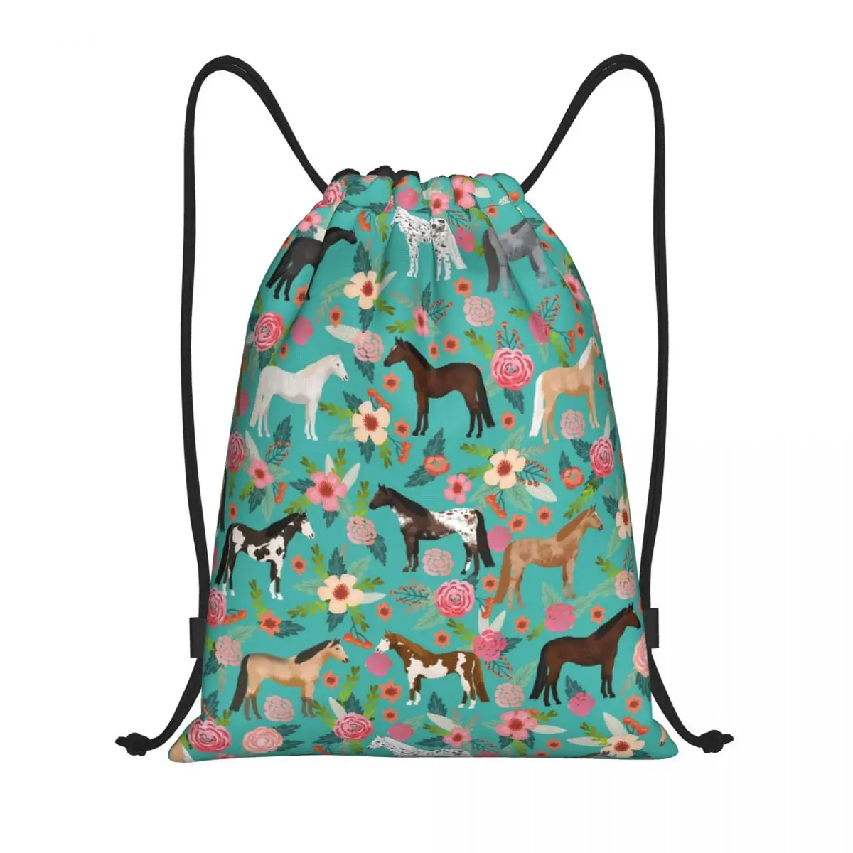 

Horses Floral Drawstring Backpack Women Men Gym Sport Sackpack Foldable Horse Breeds Farm Animal Pets Training Bag Sack