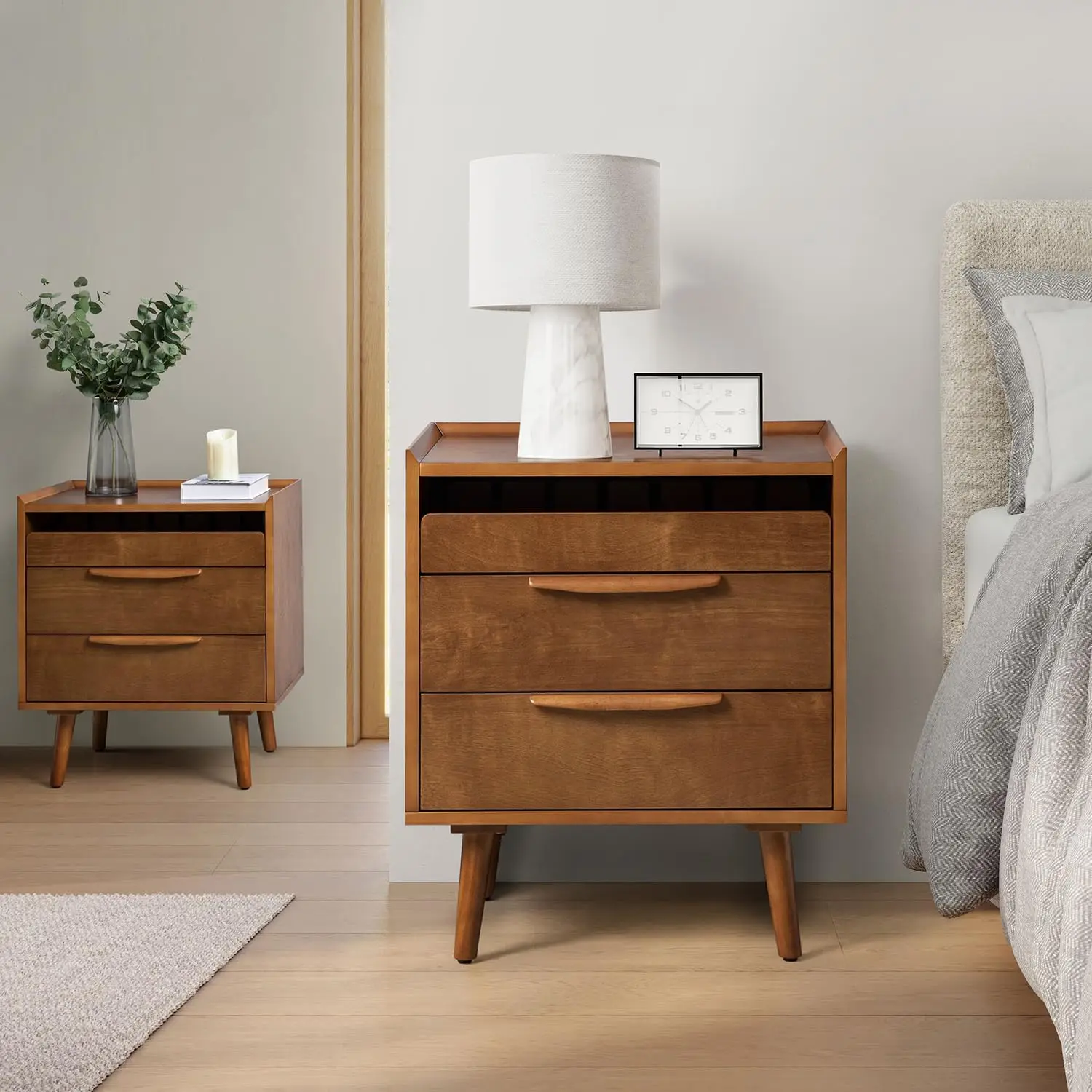 Nightstand with Charging Station, Mid-Century Modern, Wood Night Stand with USB Ports and Outlets for Bedroom Set of 2, Acorn