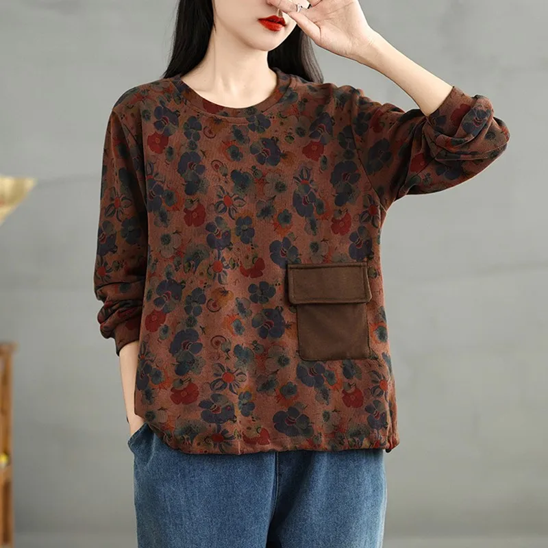 Women Long Sleeve Casual Sweatshirts New Arrival 2024 Autumn Vintage Style O-neck Floral Print Loose Female Basics Tops B2085