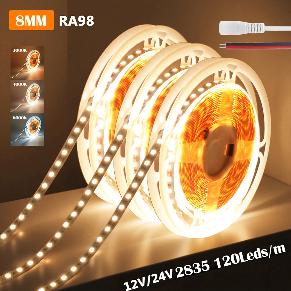 12V 24V RA98 5m LED Strip Flexible Tape Light 3000k 4000k 6000k DC Plug 2pin Wire 2835 120Led/m Bright Backlights Night Lighting