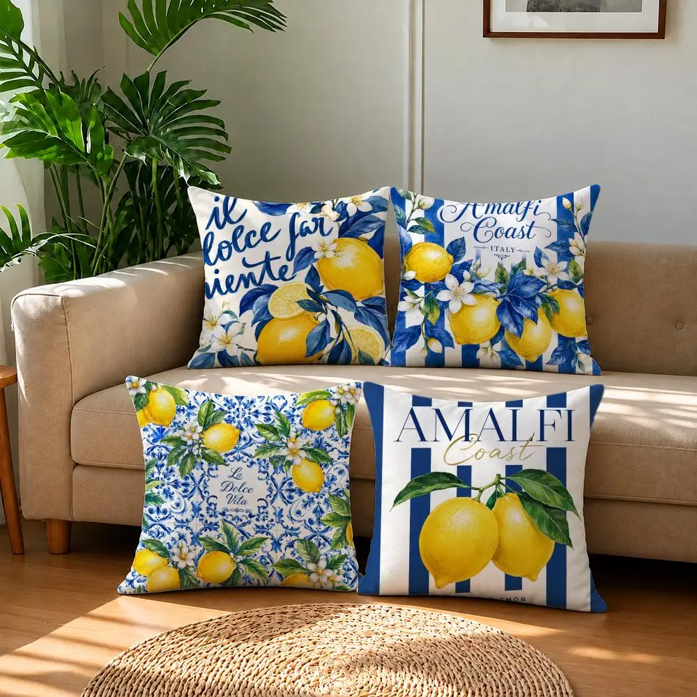 Pattern Italian Amalfi Coast Lemon Cushion Cover Short Plush Pillowcase, Sofa Bedroom Home Decor & Holiday Gift