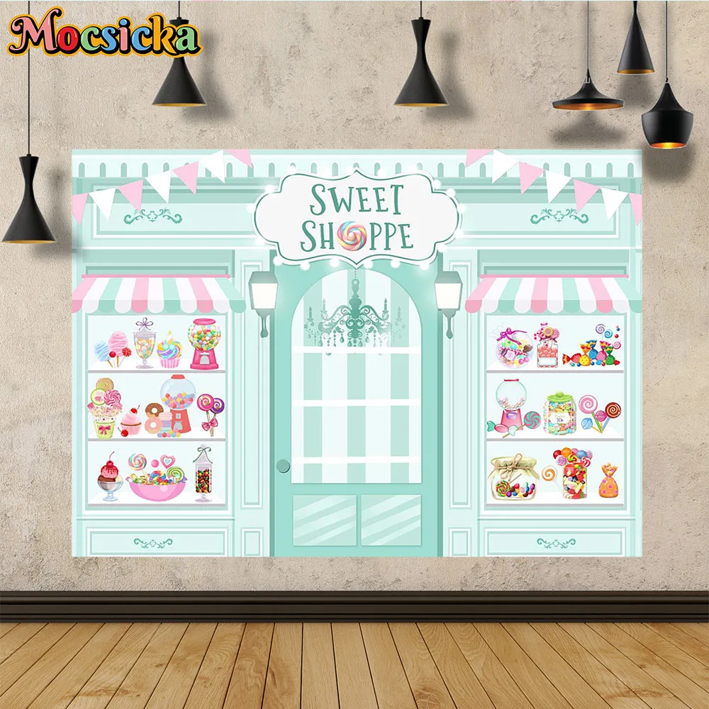 Sweet Shoppe Girls Tea Party Background Poster Dessert Lollipop Display Cabinet Retro Shop Decor Backdrop Baby Blue Door Photo