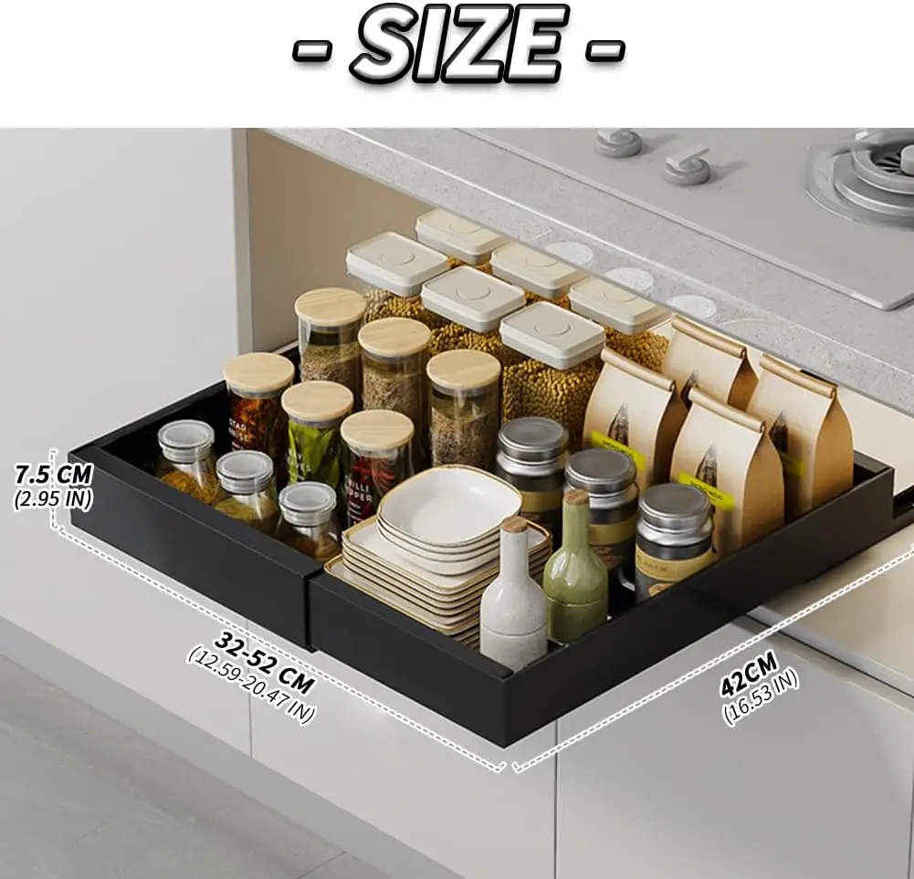 Expandable Pull Out Cabinet Organizer,Heavy Duty Slide Out Drawers,Fixed With Adhesive,Expandable Cabinet Pull Out Shelves