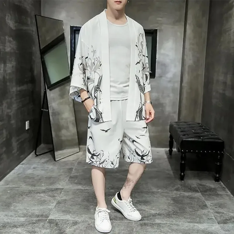 4XL 5XL Mens Plus Size Japanese Streetwear Tracksuit Men Summer Two Piece Set Kimono Shirt + Shorts Male Clothes Men 2 Piece Set