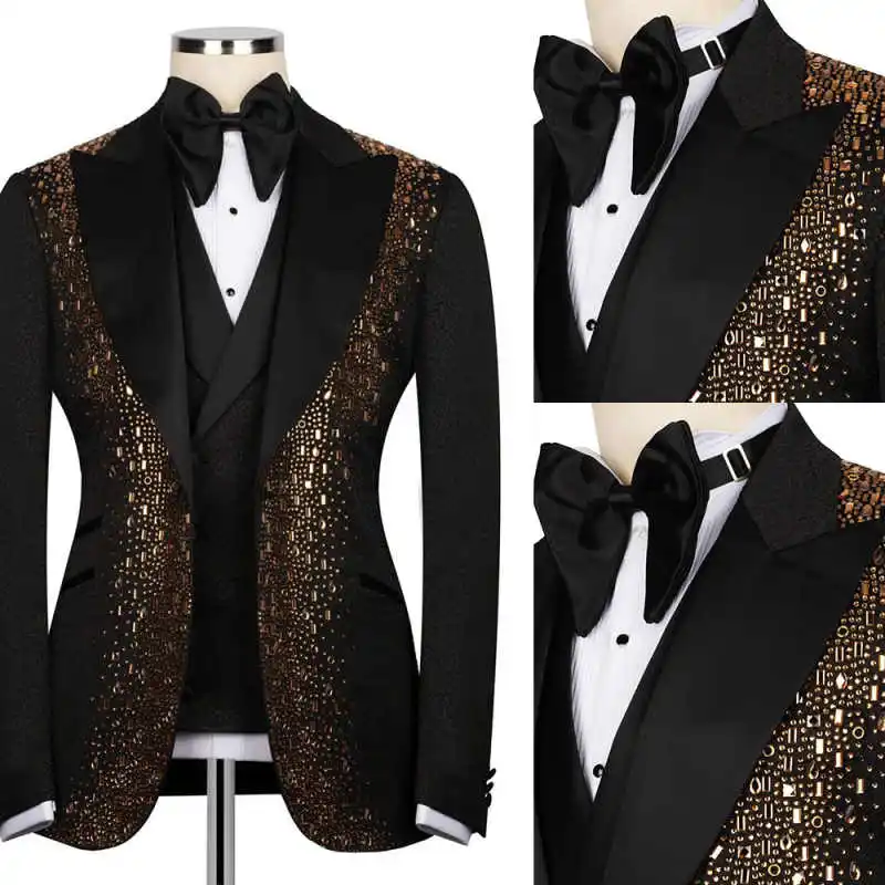 

Luxury Men Suit 3 Pieces Beaded Crystal Single Breasted Groom Wedding Tuxedos Formal Party Male Blazers Business Customized