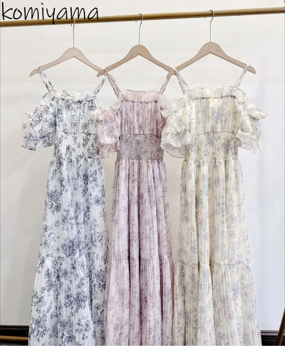 

Slash Neck Off Shoulder Woman 2025 Dress Pleated Print Vestidos Japan Sexy Dresses Summer New Ropa De Mujer Puff Sleeve Robes
