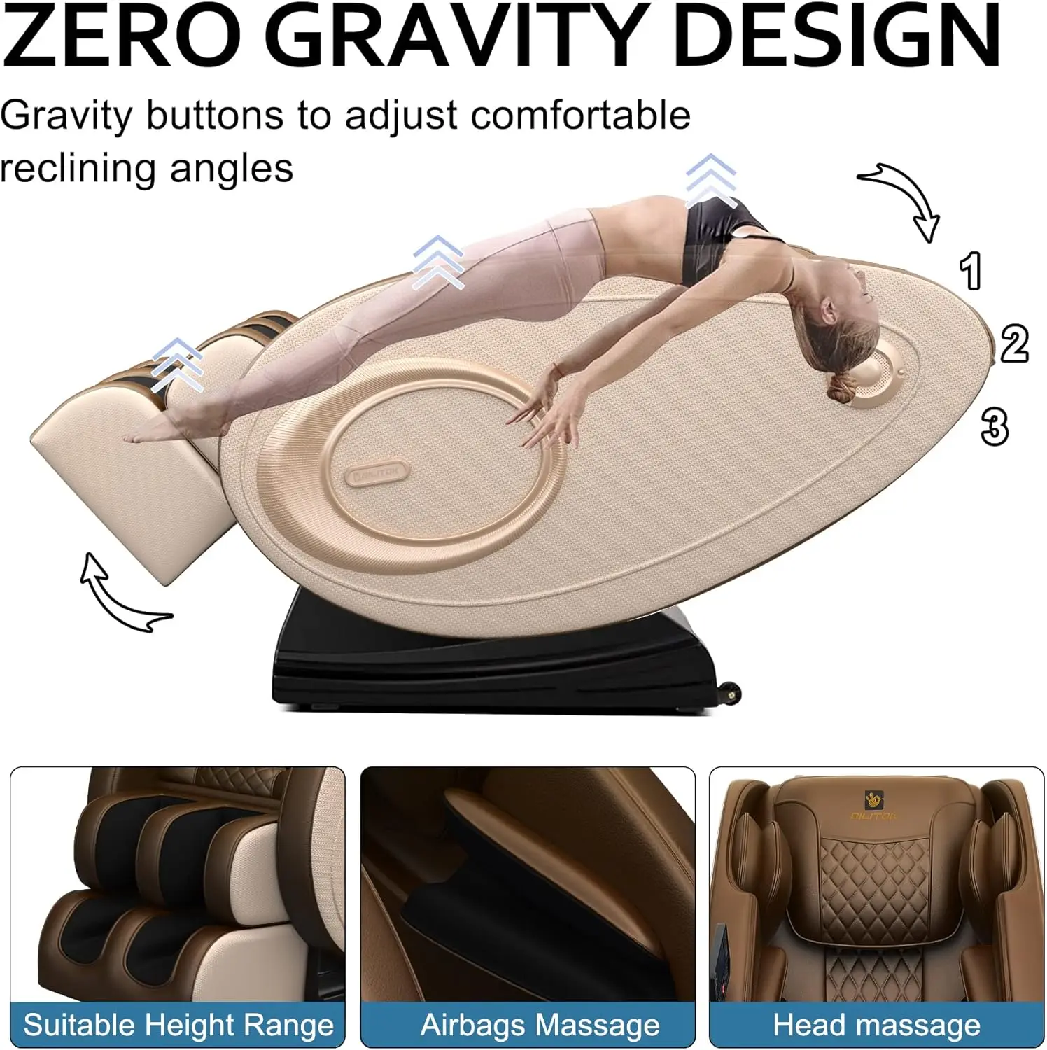 Zero Gravity Full Body Massage Chair Recliner Airbags Heating Bluetooth Speaker Foot Roller Touch Screen Gold