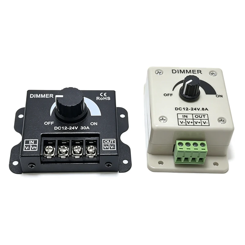  DC 12V 24V LED Dimmer Switch 8A 30A Stepless Rotary Knob Brightness Controller For 5050 3528 Single Color LED Strip Light