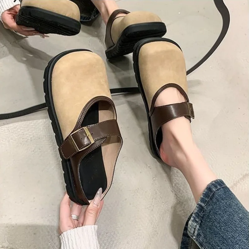 Women's Retro Closed-Toe Mule Slides, Soft Leather Buckle Flat Sandals, Wide Feet Friendly Outdoor Slip-On Casual Shoes